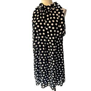 MSK Dress 14 Black White Polka Dot Mock Tie Neck Sleeveless Flowy Washable NEW